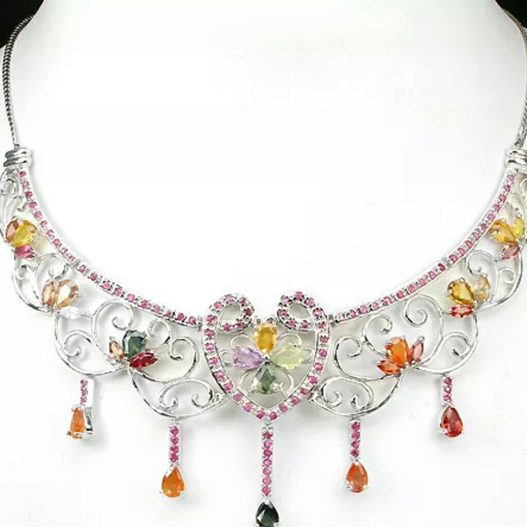 Natural Sapphire Sterling Silver Bib Necklace